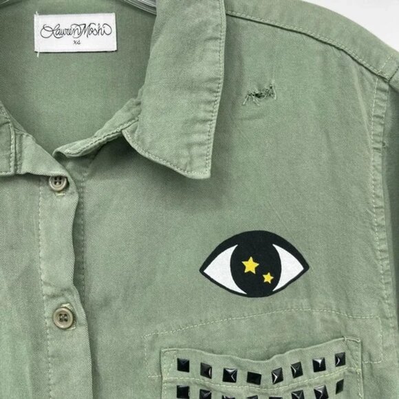 Lauren Moshi Green Button Up Top Womens XSmall Eye Heart Army Fringe Stud - Picture 4 of 10